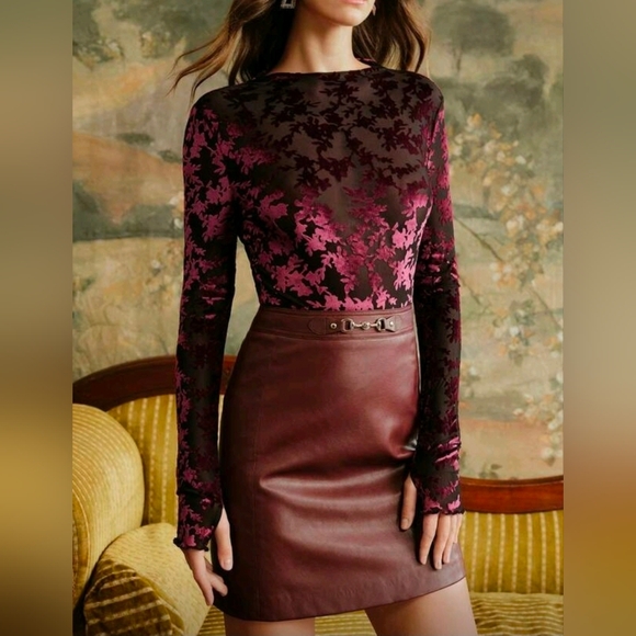 New Sheer Floral Velvet Burn Out Fitted Top Blouse Burgundy Red Black - Picture 4 of 10
